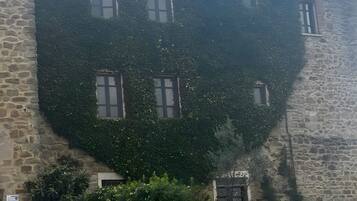 Un edificio in pietra con muri ricoperti d'edera e numerose finestre.