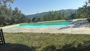 Ein Schwimmbecken mit klarem, blauen Wasser, umgeben von einer Steindeck und Rasenfläche.