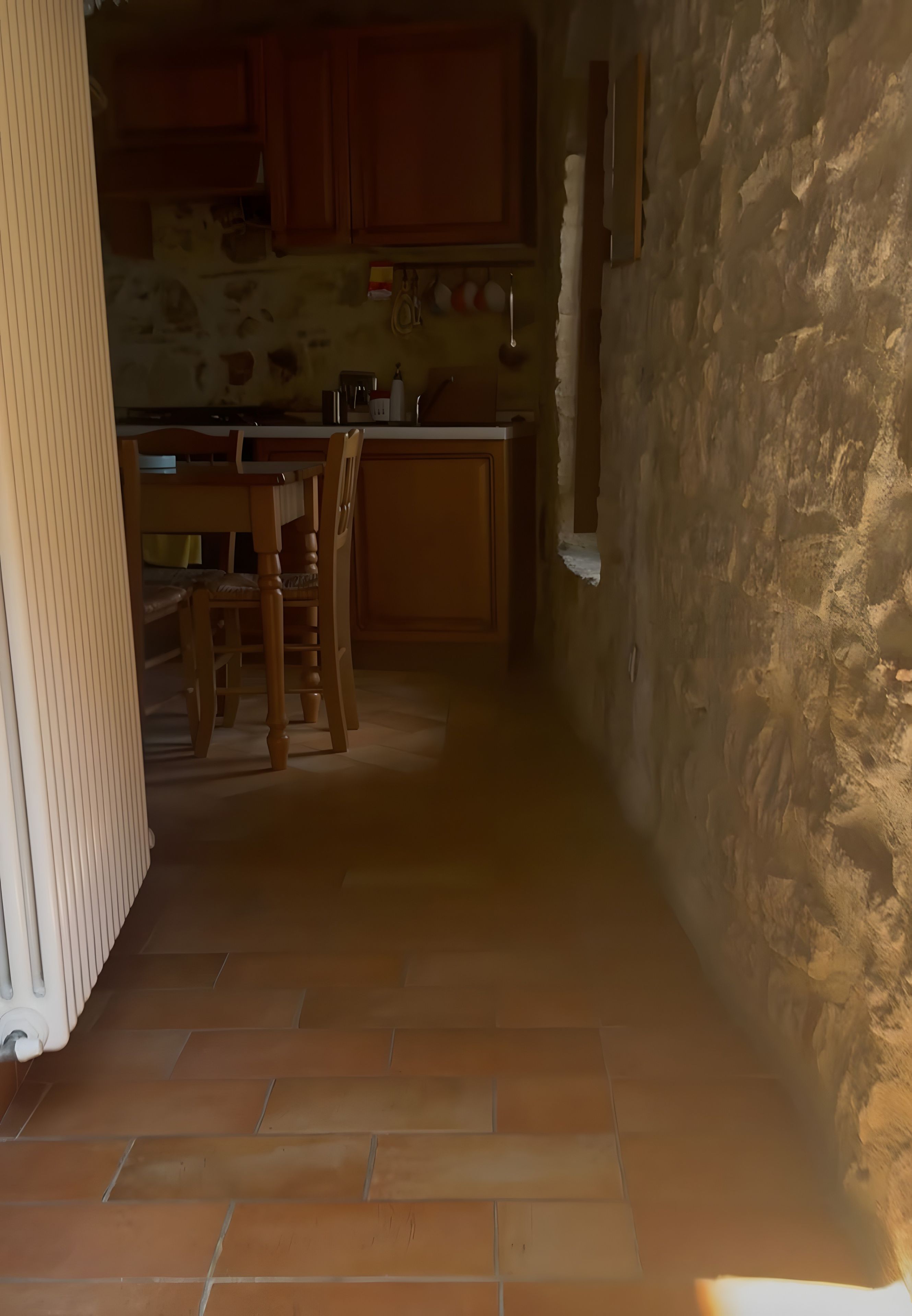 A narrow hallway with a tiled floor leading to a kitchen area with wooden cabinets and a dining table with chairs.
