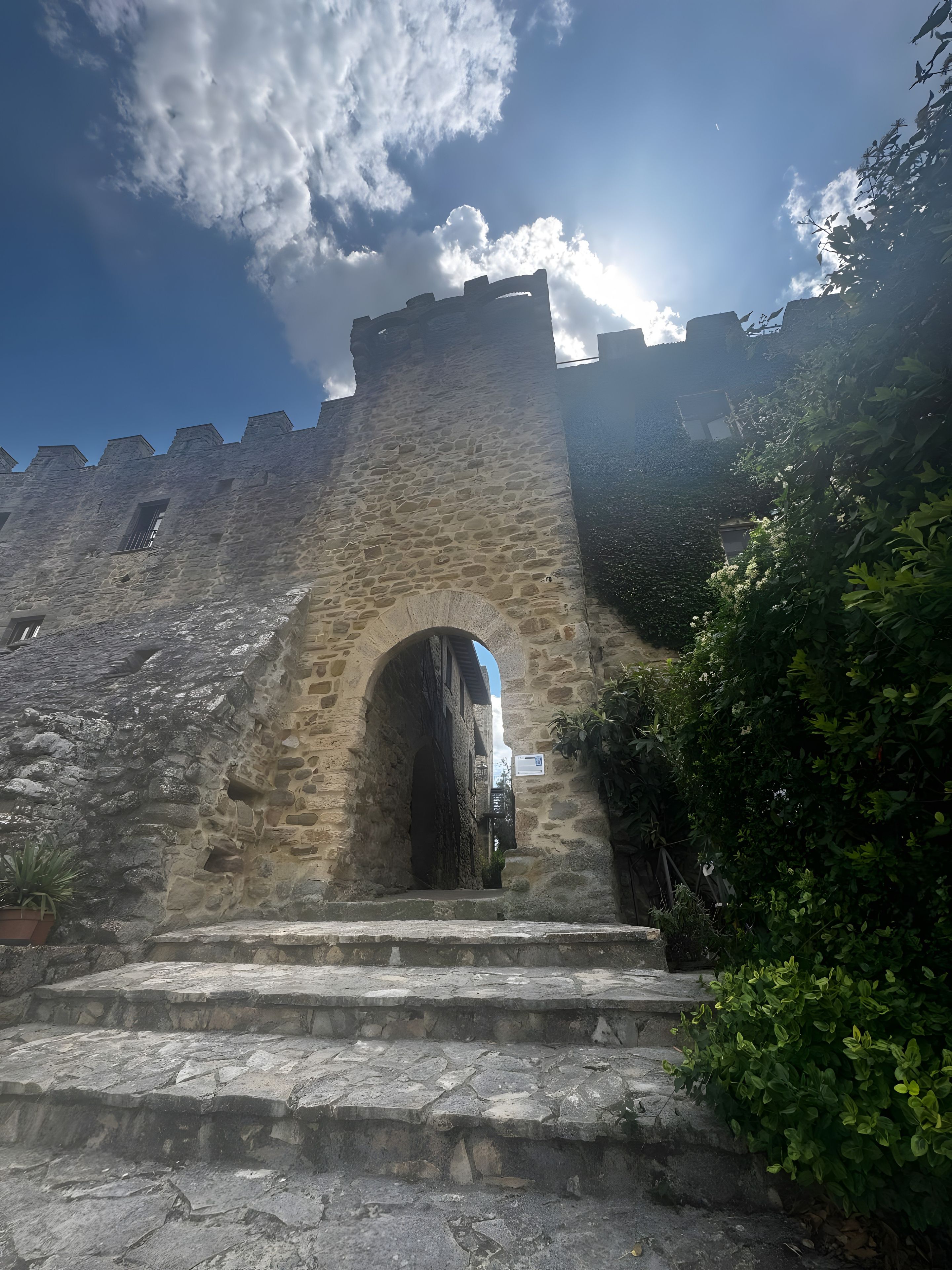A stone entrance with a large archway leading to a building, surrounded by greenery.