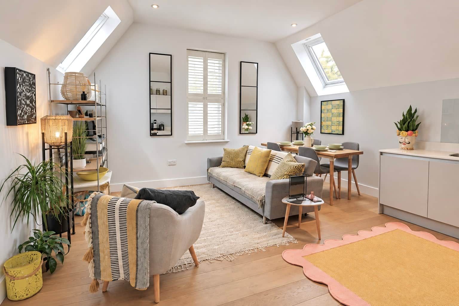 Eine moderne Loft-Wohnung mit hohen Decken, Dachfenstern, einer Essecke, einem Sofa, einer Küche und einem Wohnbereich.