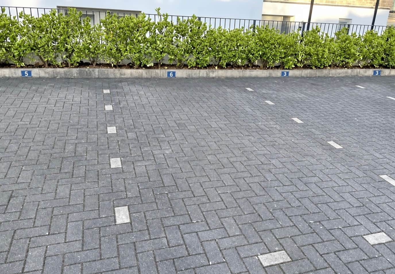 Ein gepflasterter Parkplatz mit nummerierten Stellplätzen und einer Hecke im Hintergrund.