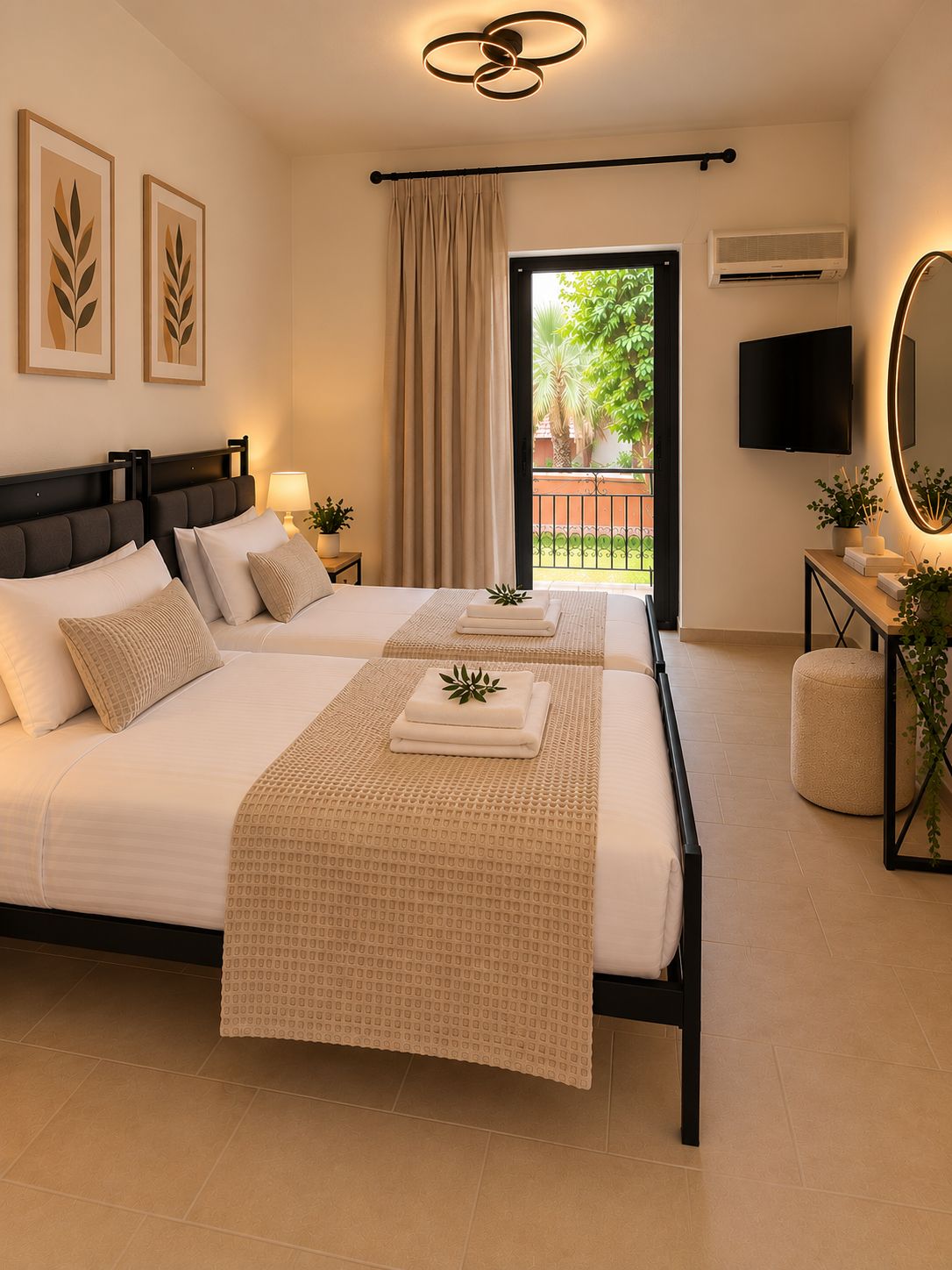 A hotel room with a bed, a TV, a mirror, and a balcony with a view of greenery.