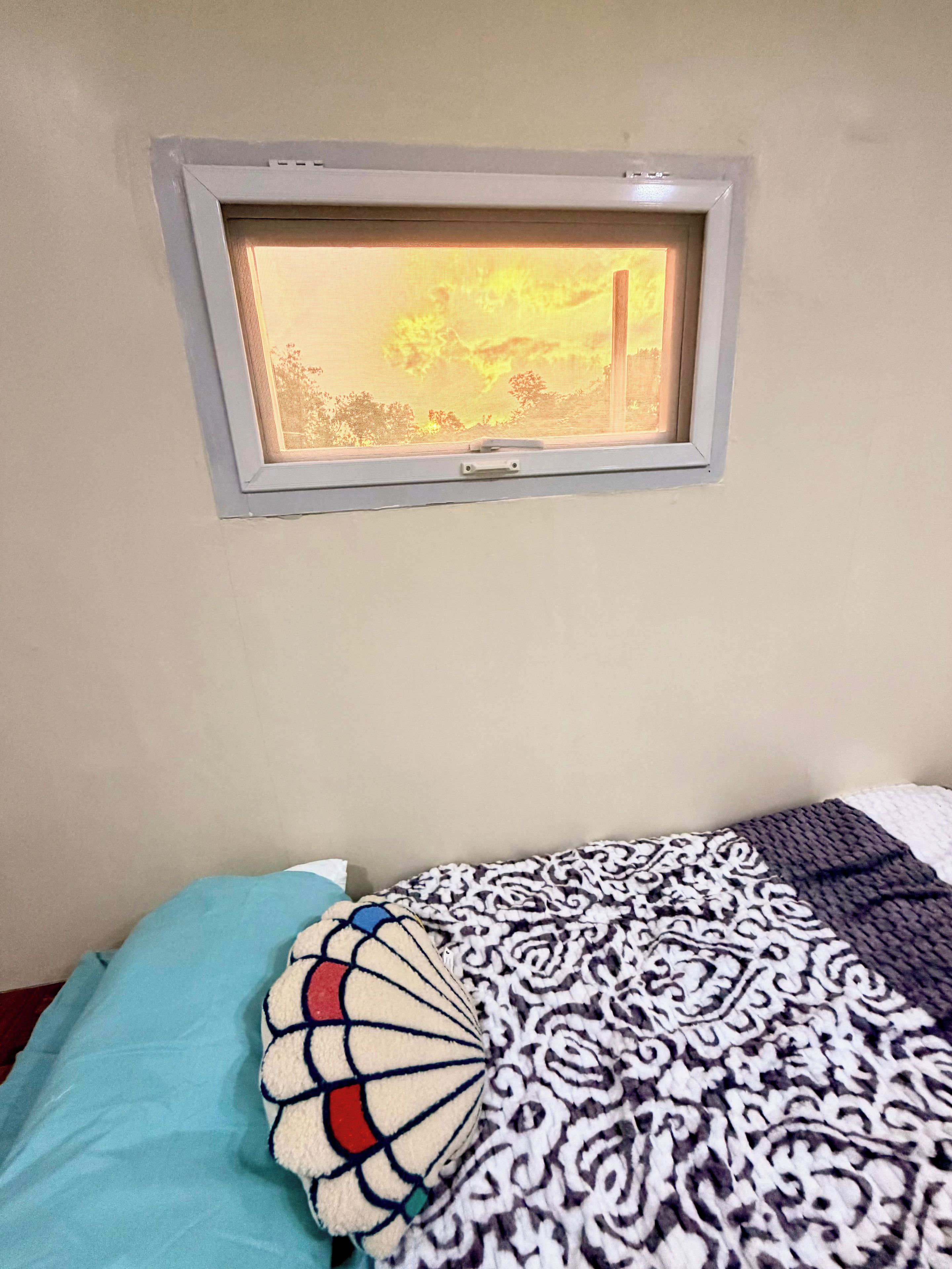 Une chambre avec un lit, une fenêtre donnant sur la verdure et un téléviseur fixé au mur.
