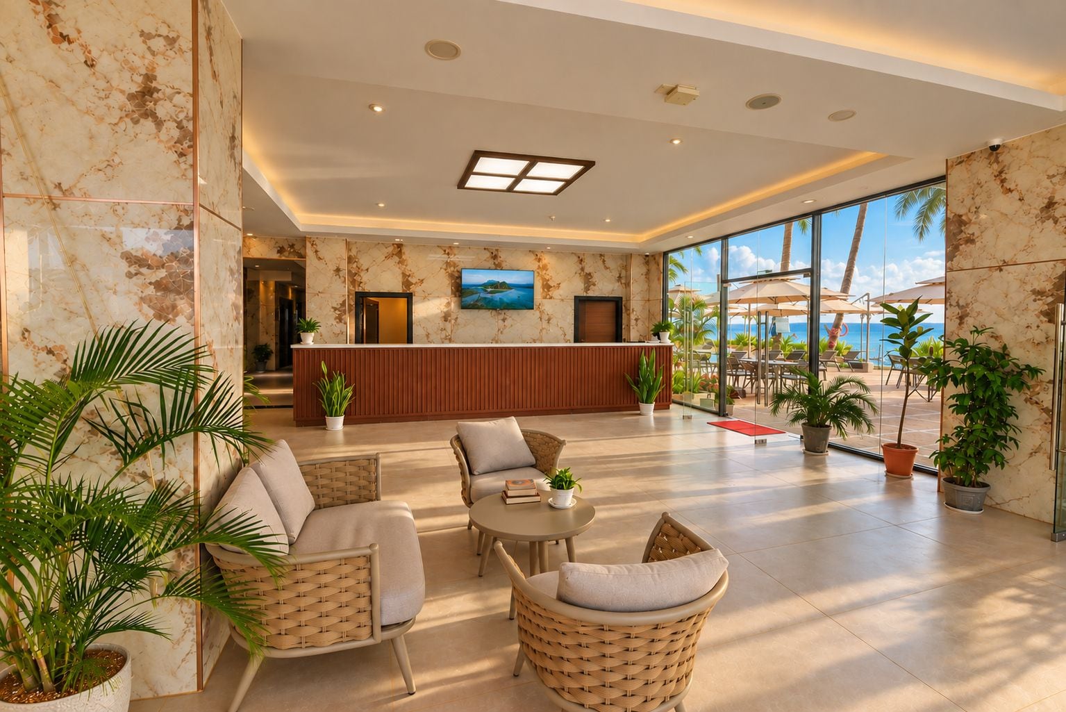 A lobby with a reception desk, seating area, and large windows overlooking a beach.