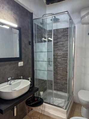 Un baño moderno con ducha envuelta en cristal, un lavabo blanco y un inodoro.