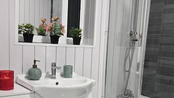 A bathroom with a white sink, a toilet, a shower, and a mirror above the sink.