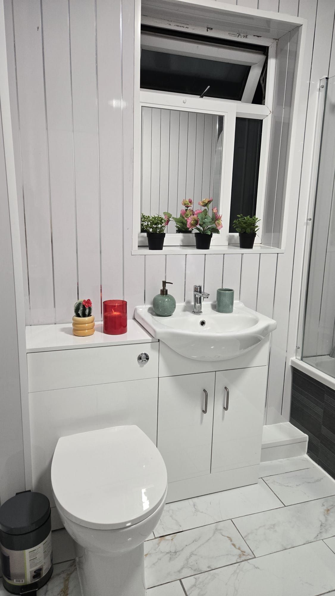 A bathroom with a white sink, a toilet, and a mirror above the sink. There are potted plants on the sink counter.
