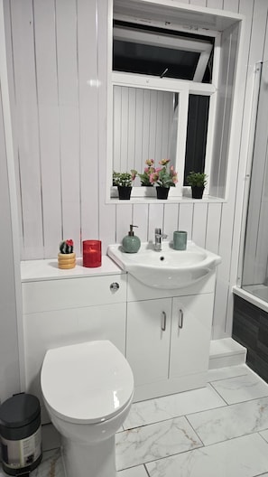 A bathroom with a white sink, a toilet, and a mirror above the sink. There are potted plants on the sink counter. - Premium Newcastle Stay – Kingsley Terrace (Newcastle upon Tyne)