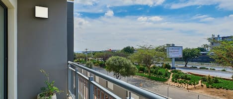 Een balkon met een bloempot, een metalen hekwerk en uitzicht op een weg met groen en een gebouw in de verte.