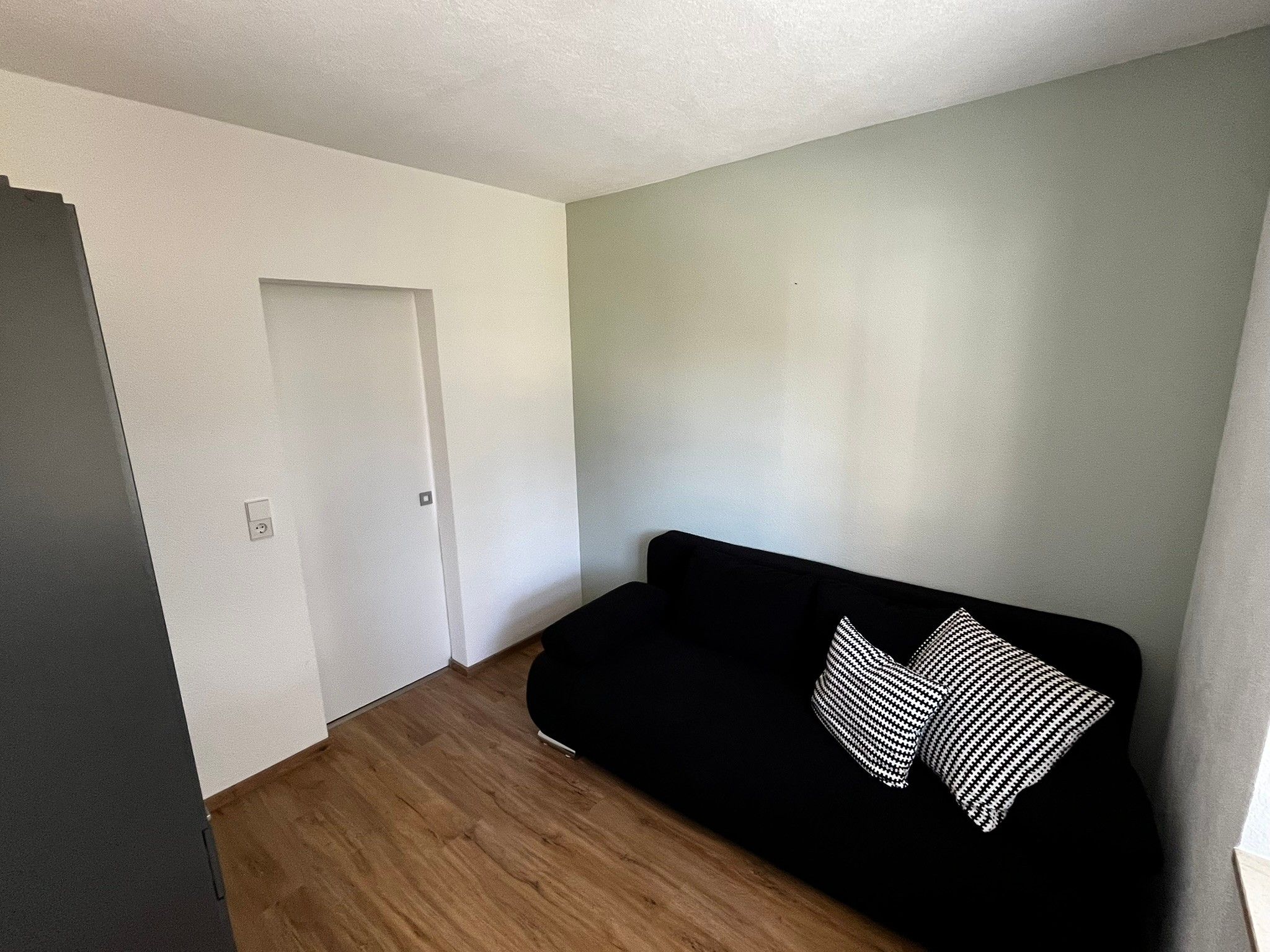 Une pièce avec un canapé noir, des coussins à motifs, un plancher en bois et une porte blanche.