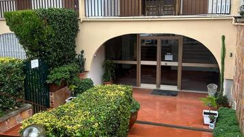 Un cortile con un percorso centrale, circondato da siepi curate e piante in vaso.