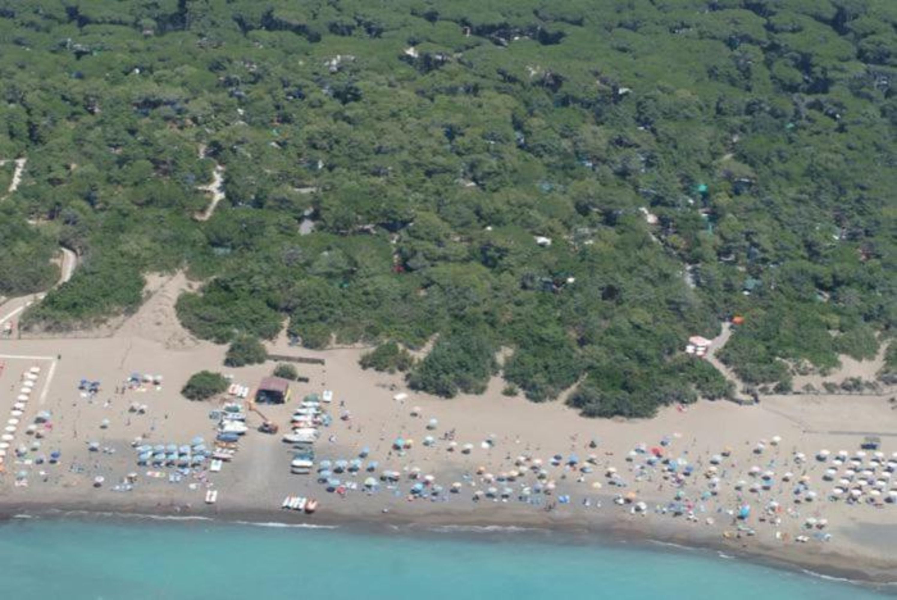 An aerial view of a beach with dense greenery in the background, a parking area, and numerous beach umbrellas.