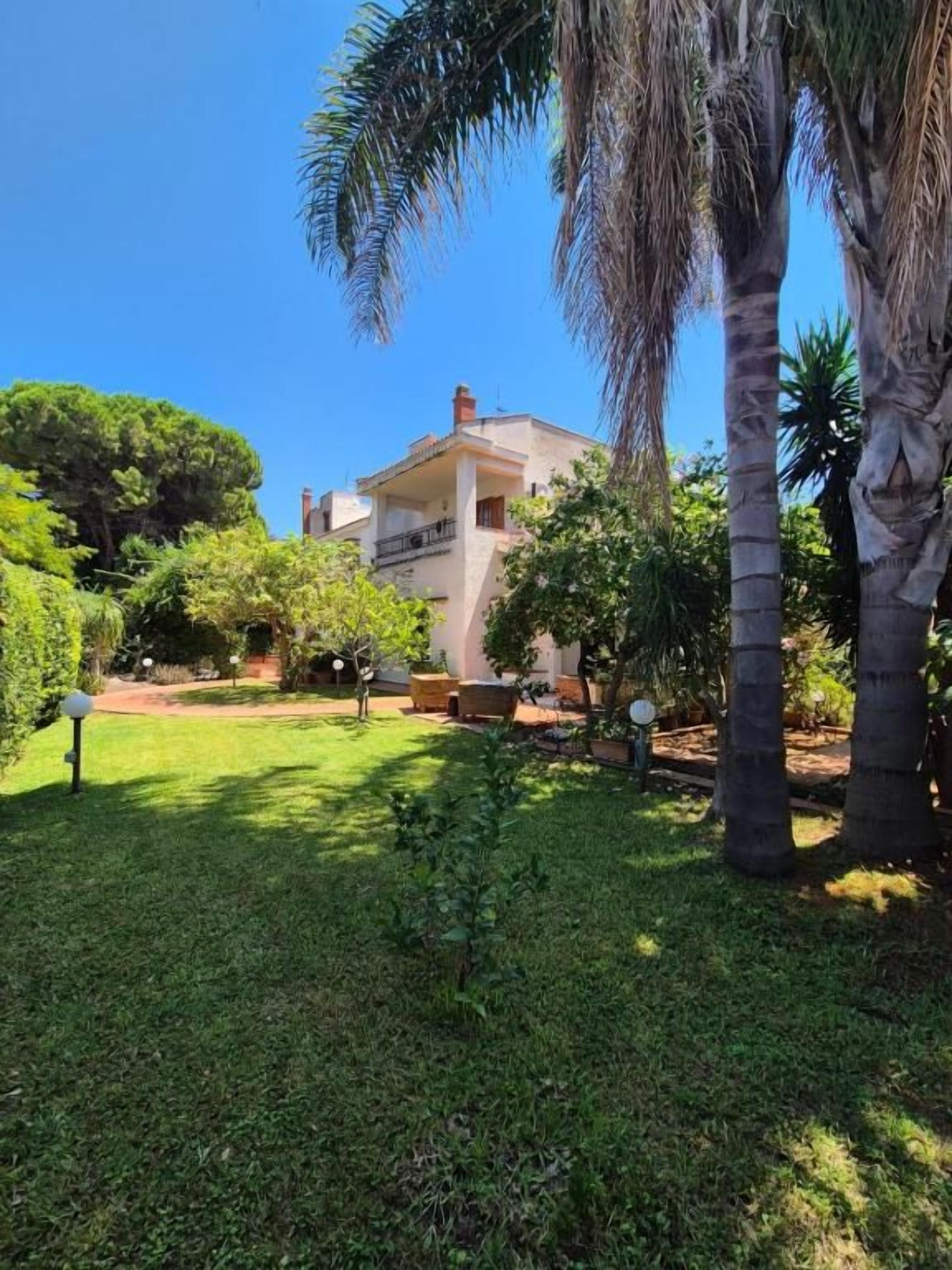 A residential property with a well-maintained lawn, a two-story house, and palm trees.