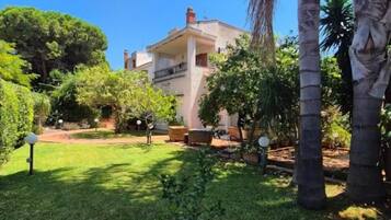 A residential property with a well-maintained lawn, a two-story house, and palm trees.