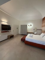 Habitación de hotel moderna con televisor de pantalla plana, armario, cama con toallas y una pequeña zona de estar.