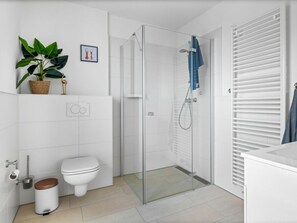 A modern bathroom with a glass-enclosed shower, a toilet, and a sink. - Apartment in Olpenitz With Swimming Pool (Kappeln)