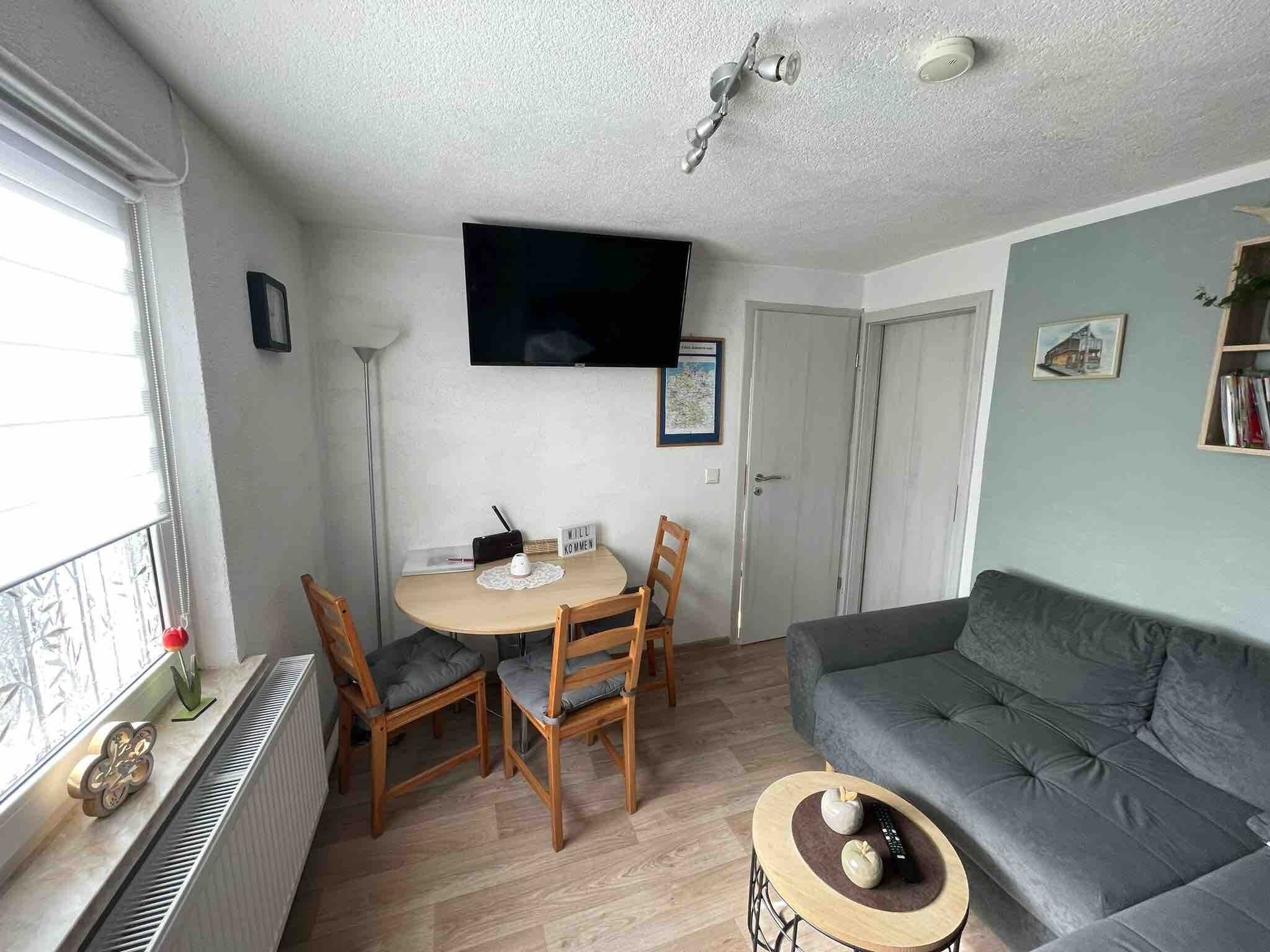Ein Wohnzimmer mit grauem Sofa, einem Esstisch mit Stühlen, einem flachbildfernseher an der Wand und einem Heizkörper in der Nähe des Fensters.