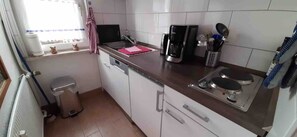 Cocina compacta con lavamanos, estufa y cafetera.