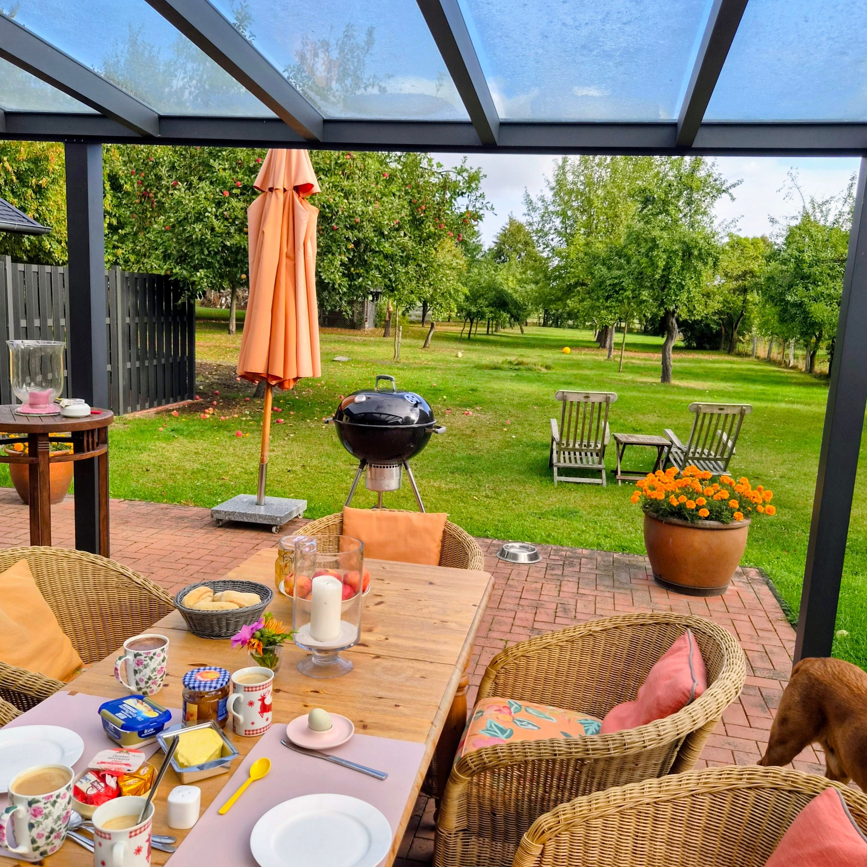 Eine Außenpatio mit Esstisch, Grill, Korbmöbeln und Blick auf eine Wiese mit Bäumen.