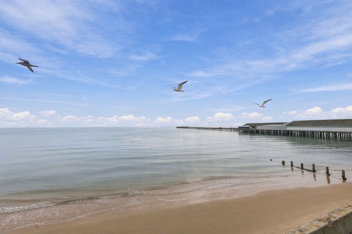 Una playa con un muelle que se adentra en aguas tranquilas, aves volando en lo alto y un cielo despejado.