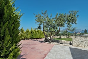 Ein gepflasterter Außenbereich mit einer Steinmauer, einem Baum und Blick aufs Meer.