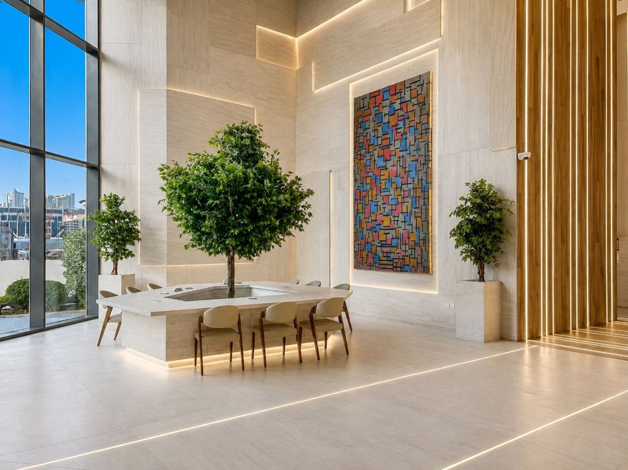 Een modern interieur met een eilandtafel, grote ramen en een geometrisch kunstwerk aan de muur.