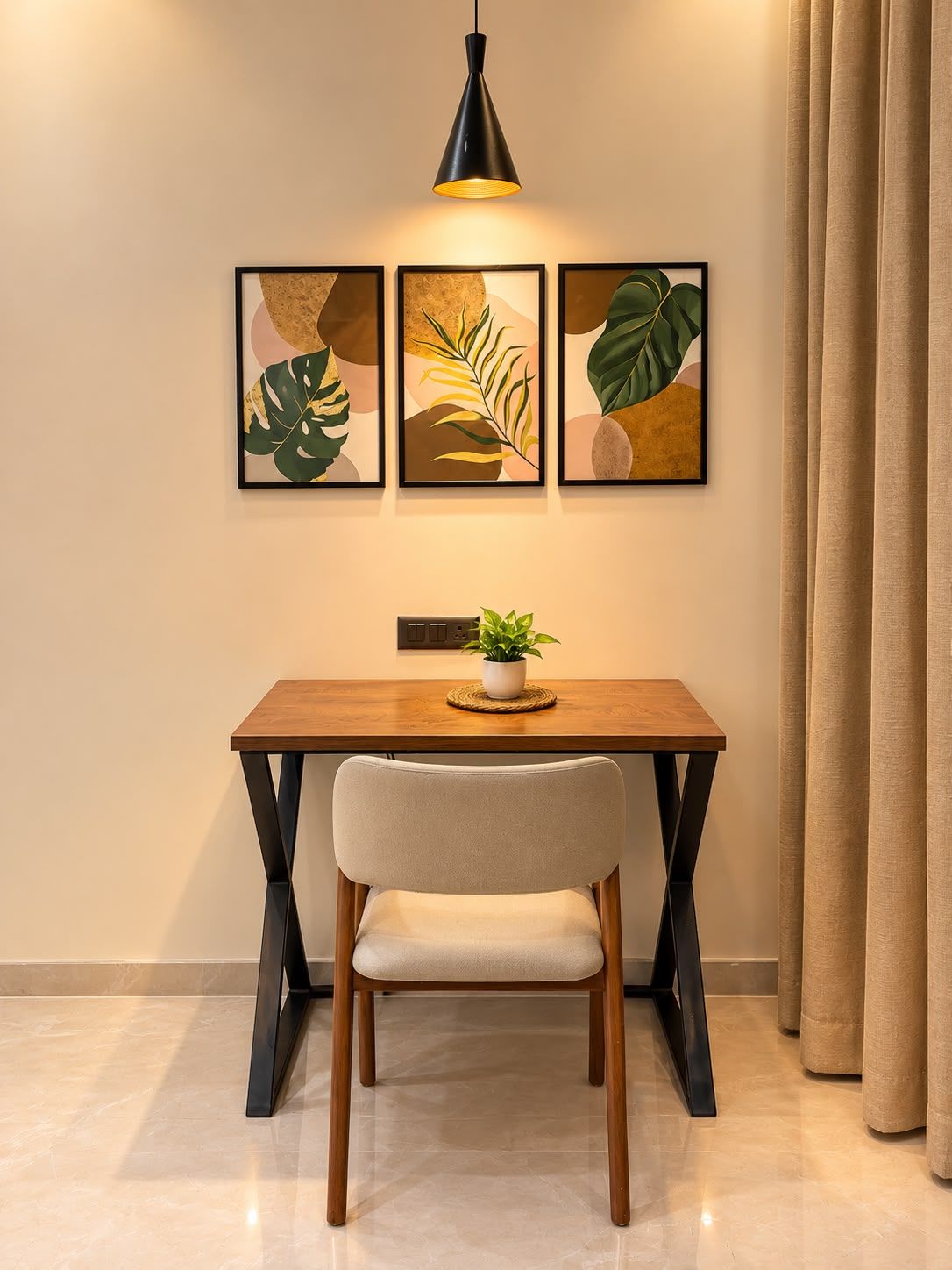 Ein Essbereich mit Tisch, Stuhl, Pendelleuchte und einem gerahmten Kunstwerk an der Wand.
