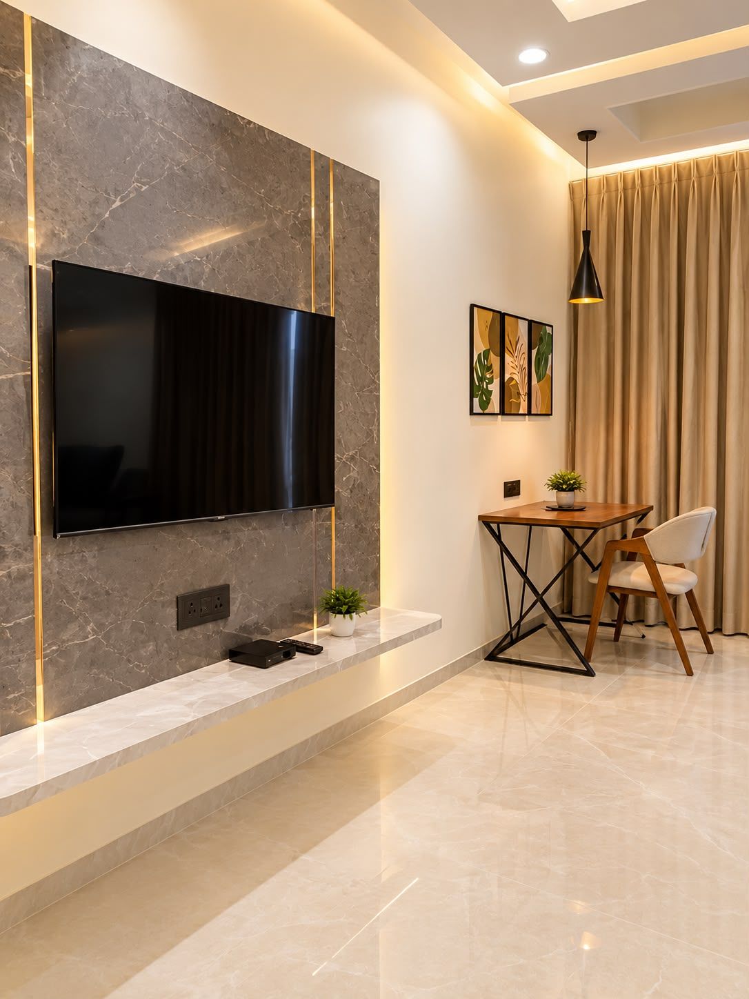 Una sala de estar moderna con un televisor de pantalla plana montado en una pared de mármol, una mesita con una silla y una planta en maceta.