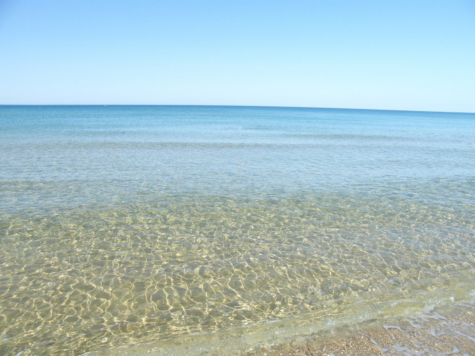 A clear view of a beach with shallow water and a distant horizon.