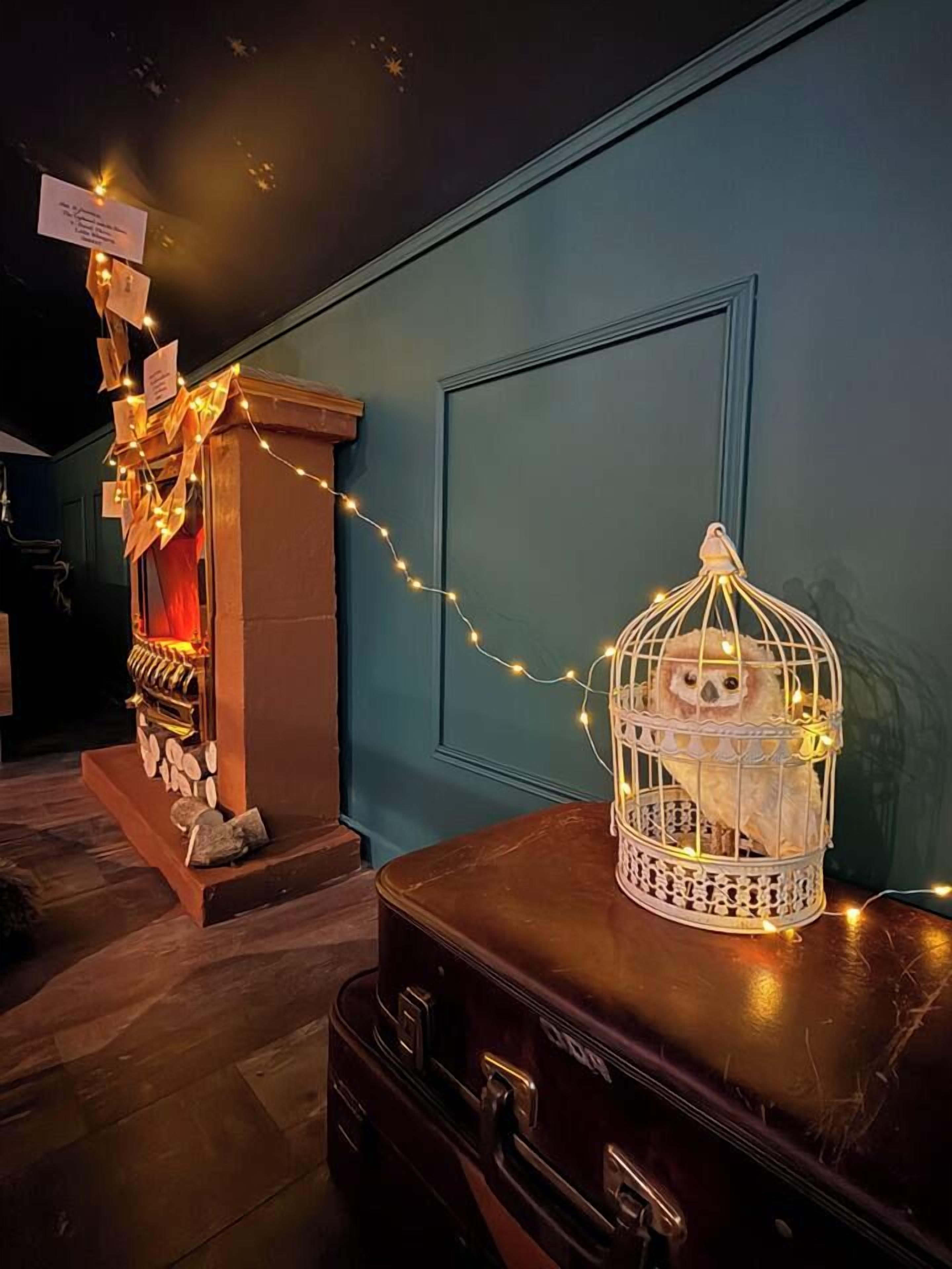 Een kamer met een houten open haard, een koffer en een vogelkooi met verlichting.