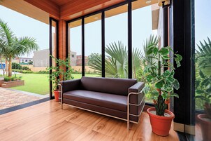A modern interior with a brown leather sofa, large windows, and potted plants.