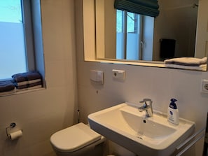 Ein Badezimmer mit Toilette, Waschbecken und einem Spiegel darüber.
