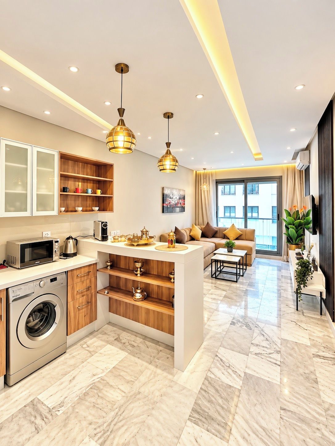 Una cocina moderna con lavadora integrada, estantes de madera y un área de comedor con sofá y mesa de centro.