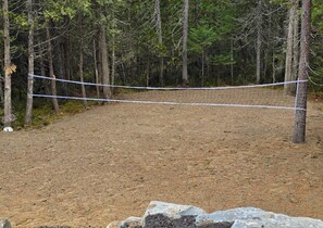 Een volleybalnet in een natuurlijk, bebost gebied met een zandbodem.
