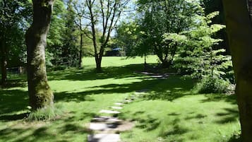 A pathway through a park with trees and a grassy area.