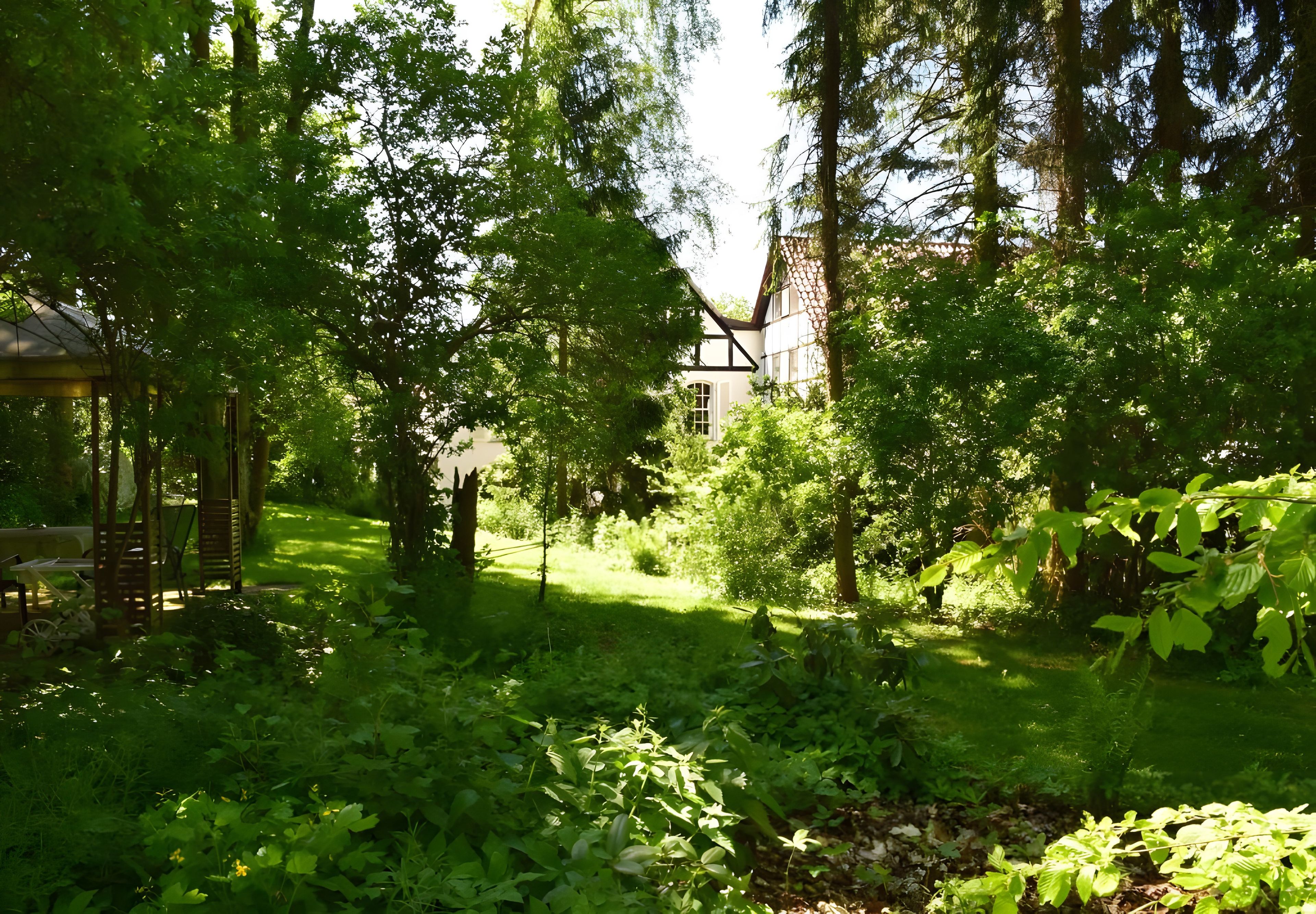 Ein üppiger Garten mit einem Pavillon, dichtem Grün und einem Gebäude im Hintergrund.
