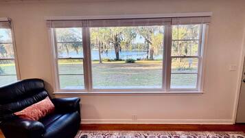 A room with a black leather sofa, a patterned rug, and large windows offering a view of a lake and trees.