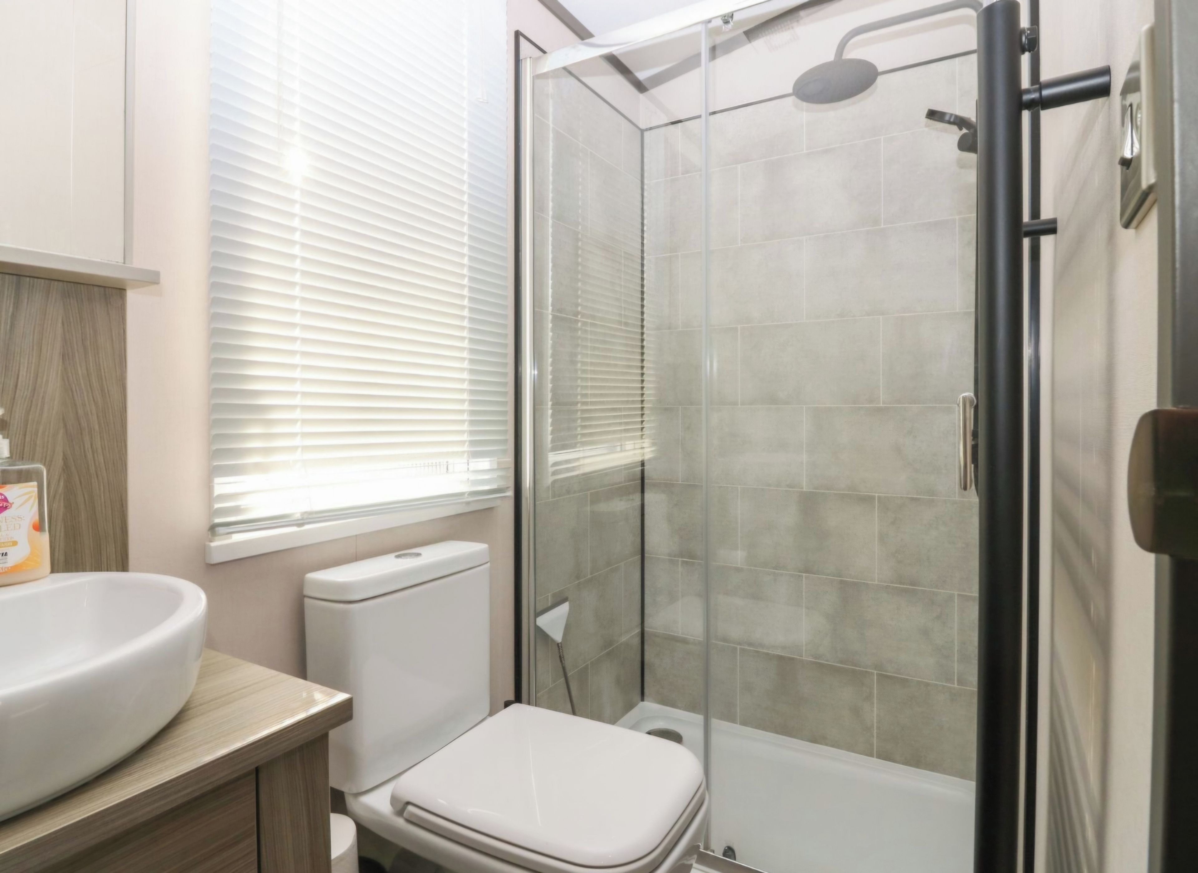 A modern bathroom with a glass-enclosed shower, a toilet, and a sink.
