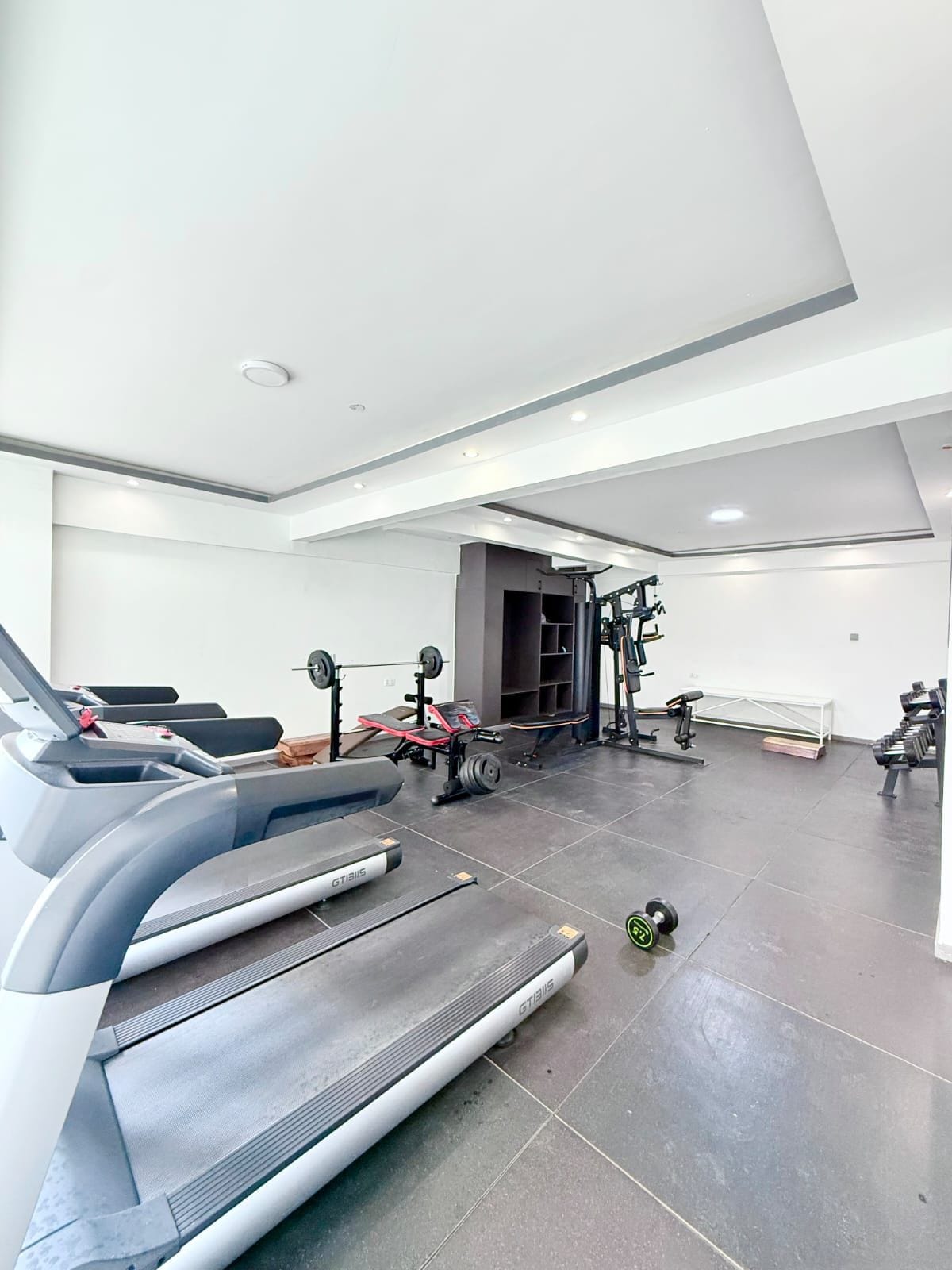A gym with treadmills, weight machines, and free weights.