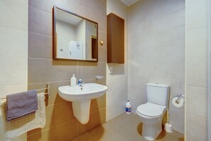 A bathroom with a sink, mirror, toilet, and towel rack. - Luxury Apartment With Balcony, Central Area (Gzira)