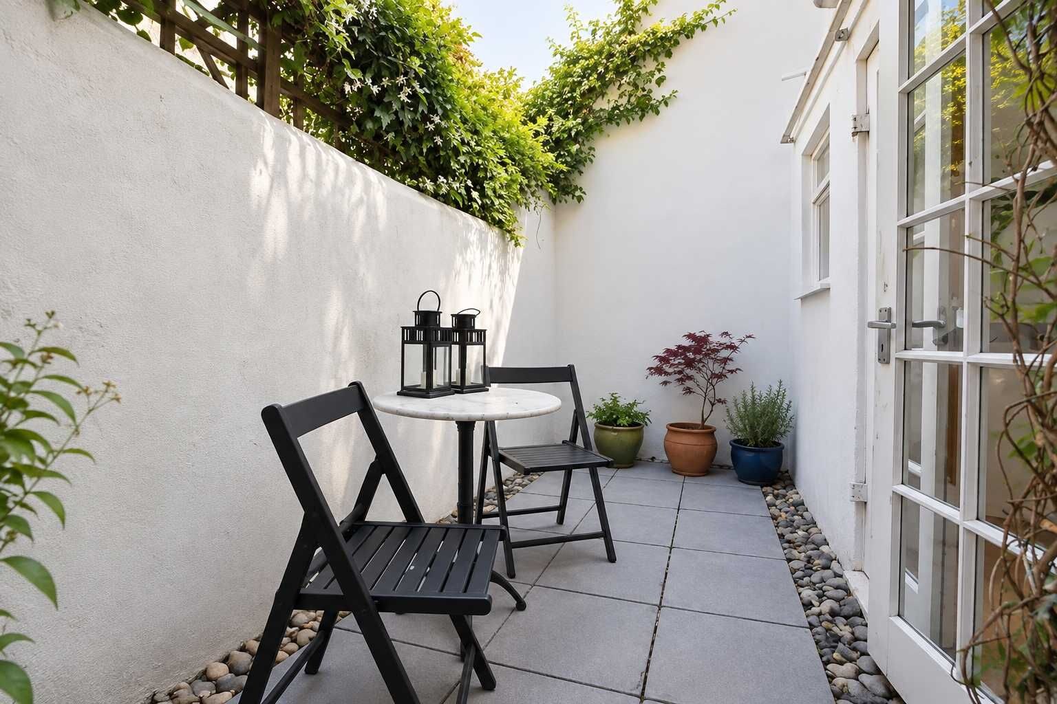 A small outdoor patio with a round table and two chairs, surrounded by potted plants and a white wall.