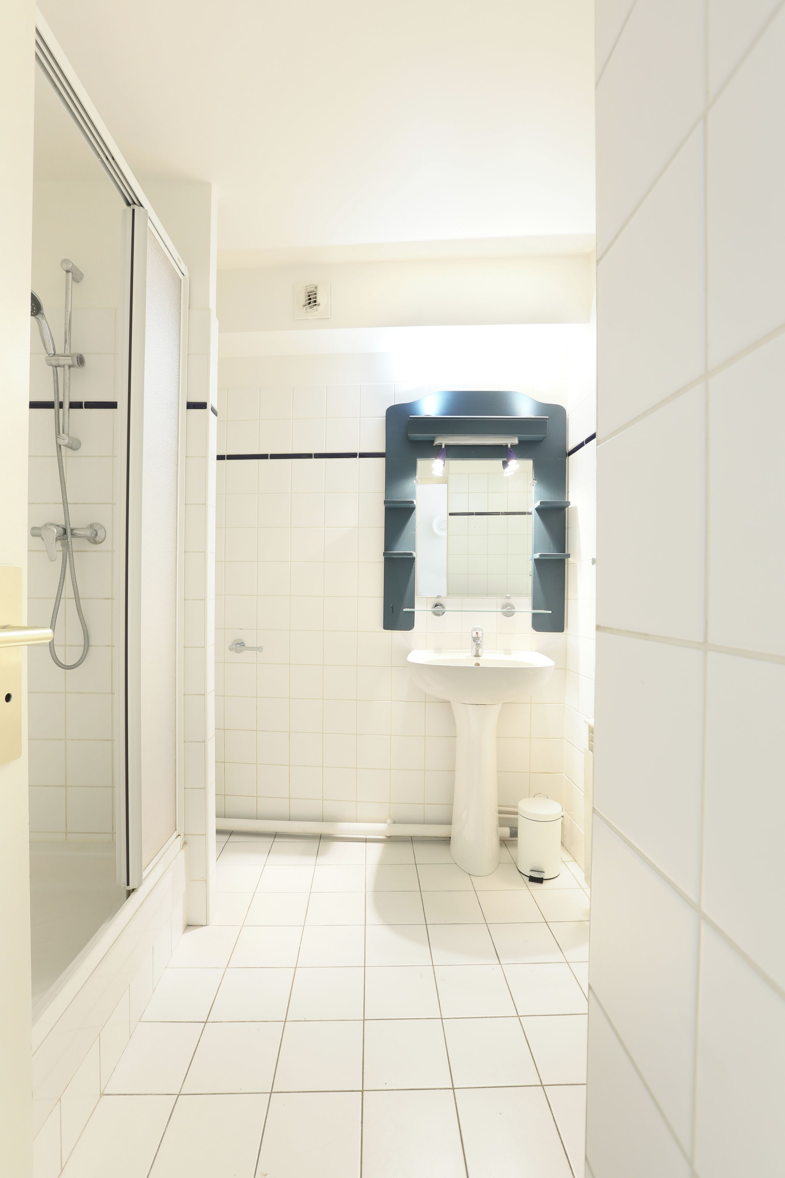 Une salle de bain avec une douche à parois de verre, un lavabo blanc et un miroir avec un cadre noir.