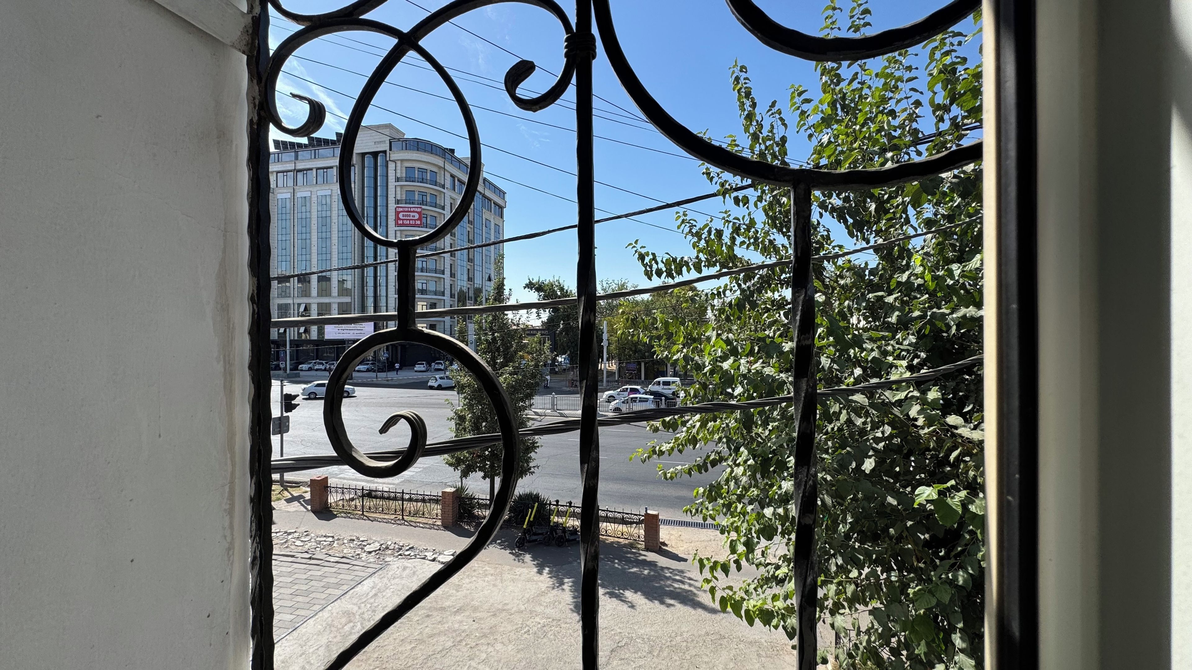 Vista a través de una reja de metal con un edificio al fondo.