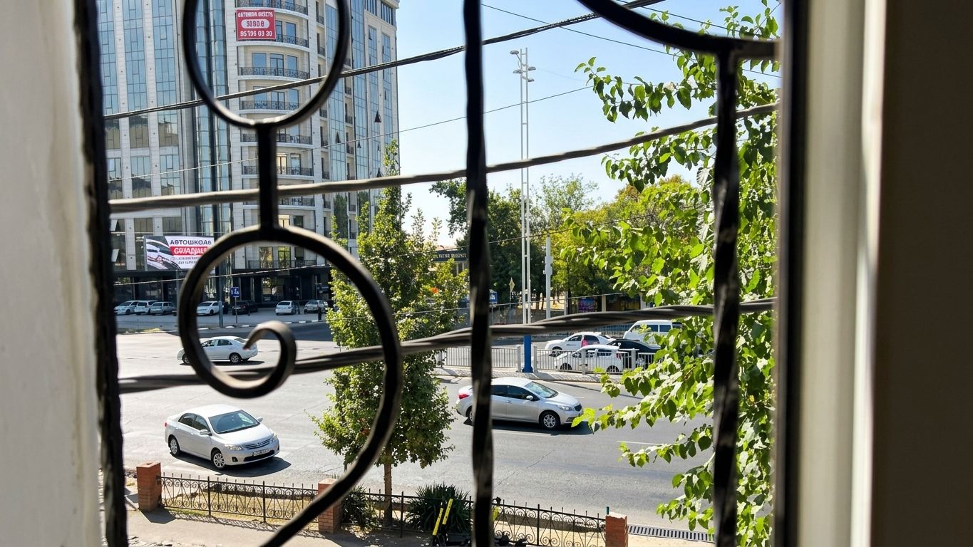 Vista per una finestra amb marc metàl·lic, que mostra una escena de carrer amb cotxes aparcats i un edifici al fons.