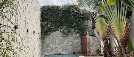 A rectangular pool with clear blue water, surrounded by stone walls and lush greenery.