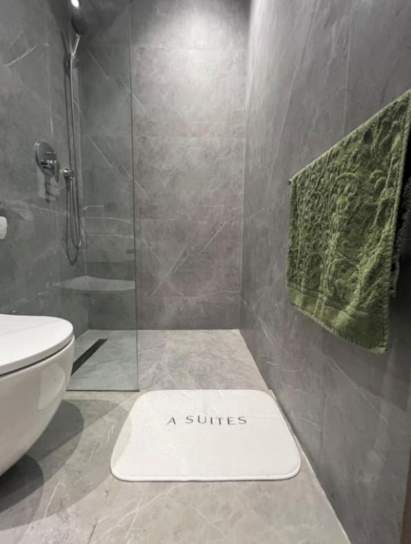 Een moderne badkamer met douche, toilet en handdoekhouder.