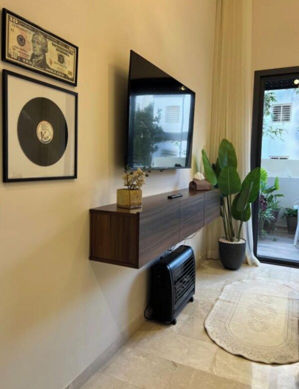 Un saló amb una televisió de pantalla plana penjada a una consola de fusta, un disc de vinil emmarcat i una planta en test.
