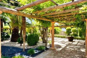 Ein Garten mit einer Pergola, Palmen und verschiedenen Sträuchern.