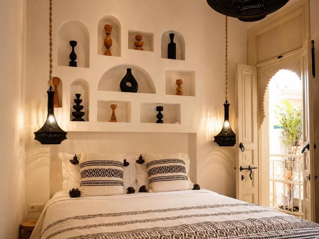 Un lit avec une literie à motifs, une étagère fixée au mur avec des objets décoratifs, et une porte donnant sur un espace extérieur.